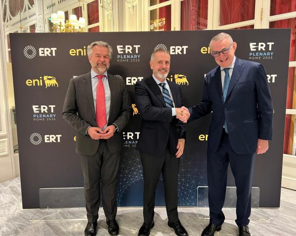 Marc Murtra, executive chairman of Telefónica, in the center with ERT President Jean-François van Boxmeer, on the right of the picture, and ERT Secretary General Anthony Gooch, on the left.